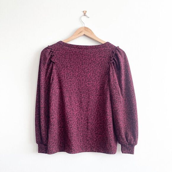 Banana Republic Womens Knit Top Puff Long Sleeve Animal Print Maroon Small - Picture 2 of 7